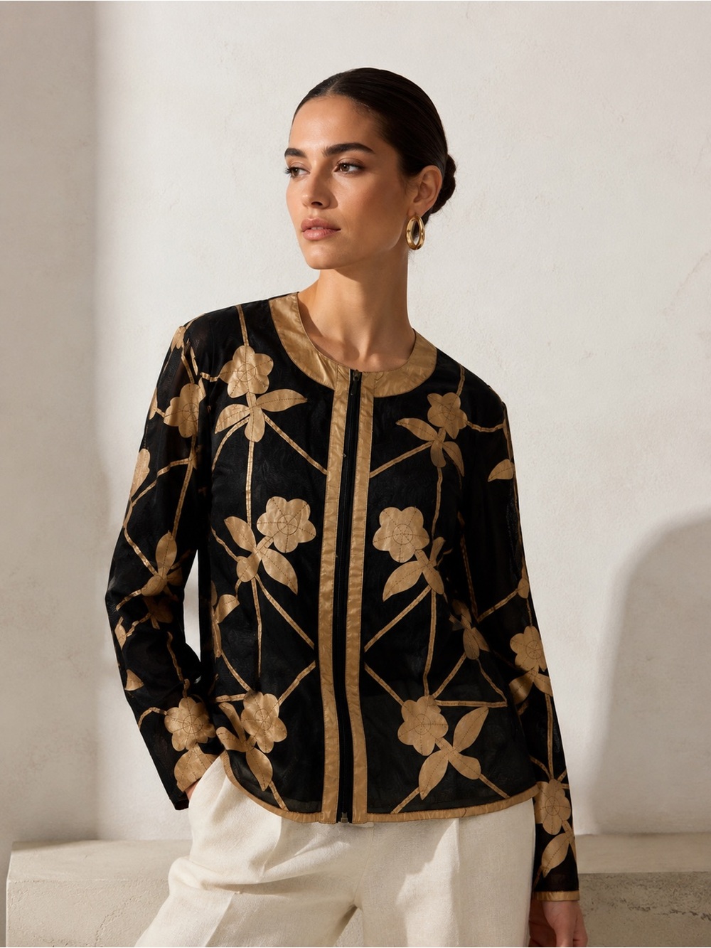 Peck & Peck Collection Black & Gold Floral Sheer Jacket – Size Large
